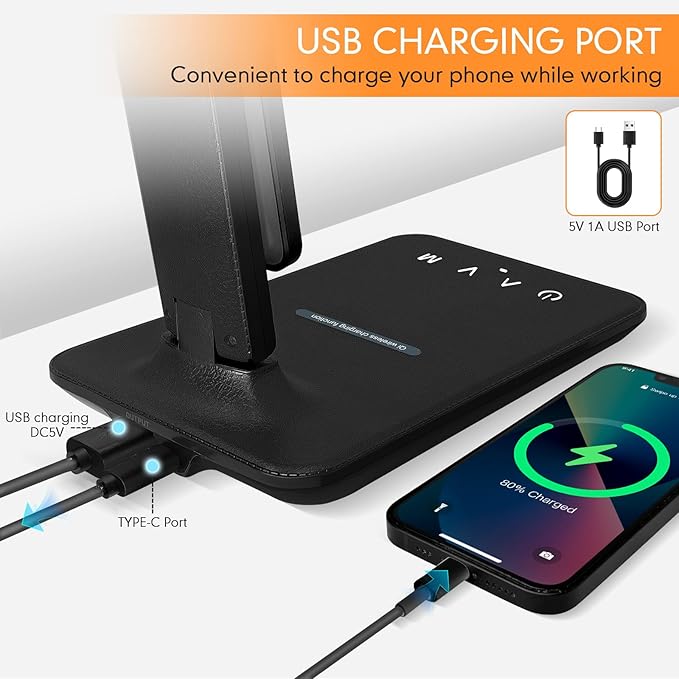 White crown LED Desk Lamp with 15W Wireless Charger & USB Port, Dimmable Table Lamp with 5 Lighting Modes, Sensitive Touch Control, Foldable & Portable Desk Light for Home, Office, Bedroom, Reading - Image 6