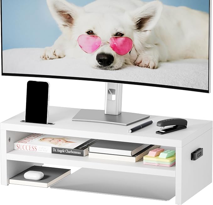 BONTEC Wood Monitor Stand Riser, 2-Tier Desktop Organizer | Ergonomic Computer Stand for Desk, Cable Management, Cellphone Holder, 21.3 Inch Shelf, White by BONTEC