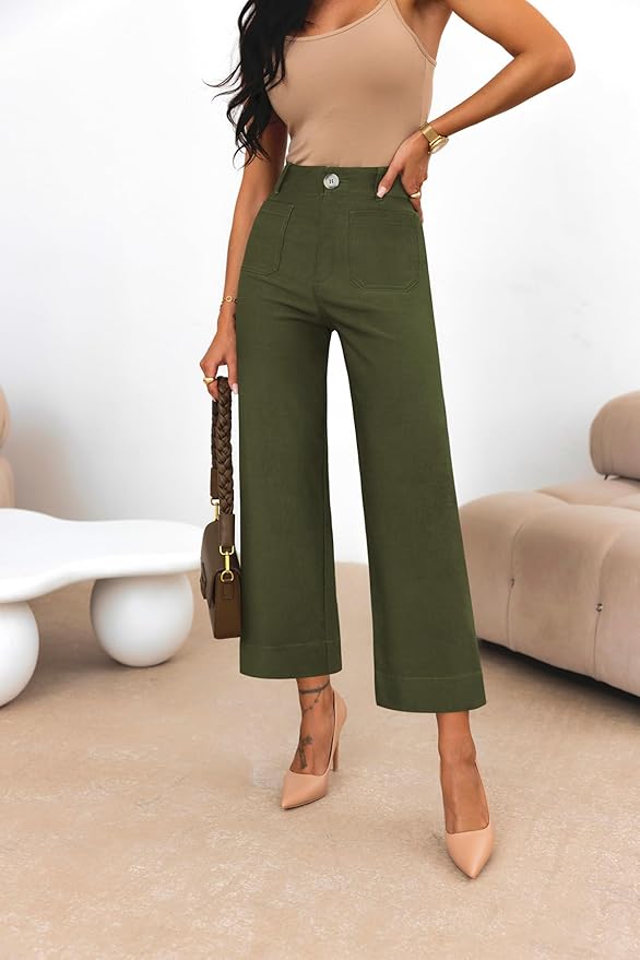 miduo Womens High Waisted Cropped Wide Leg Stretchy Straight Pants Trousers with Pockets - Image 3