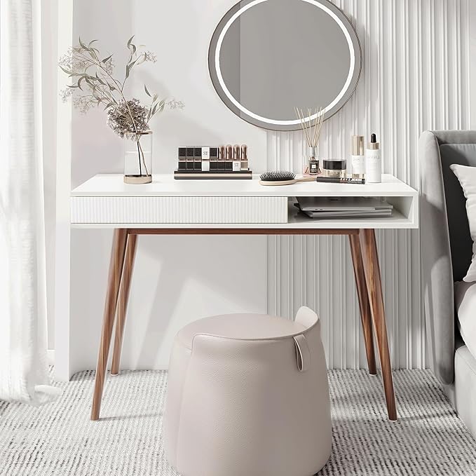 Artswish White Wood Desk with Drawer, 42" Mid Century Modern Writing Desk | Soild Wood Legs, Reinforced Structure, Drawer & Open Cubby Storage, Built-in Cable Management Hole for a Clean Workspace - Image 8
