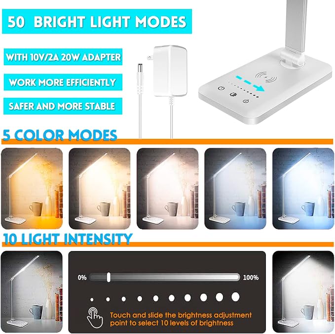 LED Desk Lamp with Wireless Charger, USB Charging Port, Desk Light with 10 Brightness, 5 Color Modes, Dimmable Eye Caring Reading Desk Lamps for Home Office, Touch Control, Auto Timer, White - Image 2