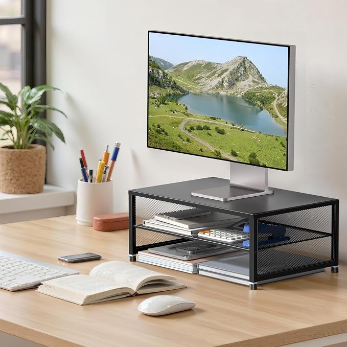ECOLOVI 2-Tier Computer Monitor Stand Riser, Desk Organizer for Monitor, Printer & Laptop Stand, Desktop Workspace Organizers for Office Supplies(Black) - Image 2