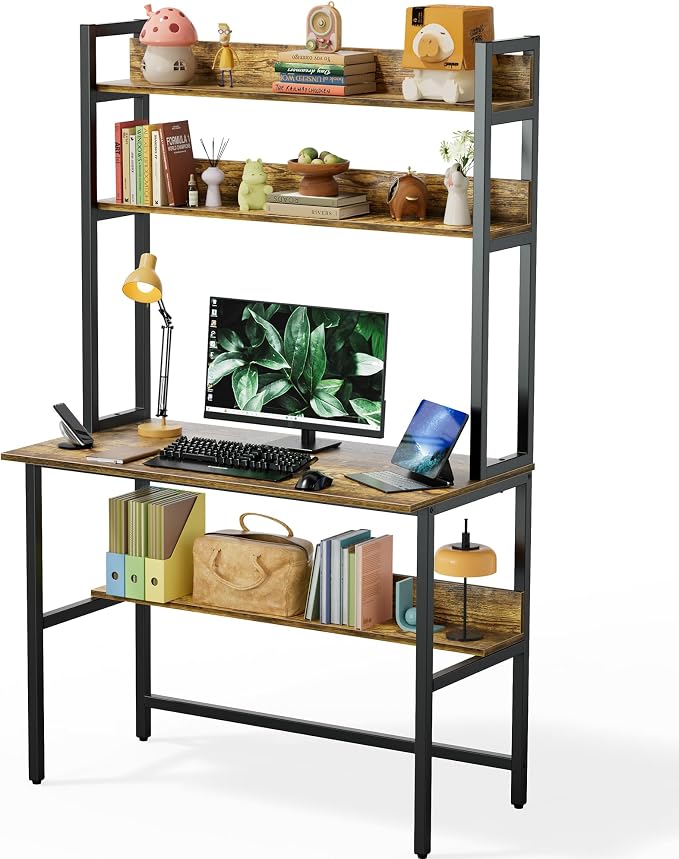 Aquzee Computer Desk with Hutch, 40“W x 19.6" D Desk with Shelves, Tall Home Office Desk with Bookshelf, Metal Legs Study Table with Upper Storage Shelf for Study Writing/Workstation, Brown by Aquzee