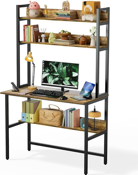 Aquzee Computer Desk with Hutch, 40“W x 19.6" D Desk with Shelves, Tall Home Office Desk with Bookshelf, Metal Legs Study Table with Upper Storage Shelf for Study Writing/Workstation, Brown by Aquzee