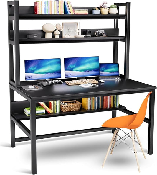Aquzee Computer Desk with Hutch and Bookshelves, Large Leg Room 55 inch Width Black Desk with Space Saving Storage Shelves, Easy Assemble and All Hardware and Tools Included by Aquzee