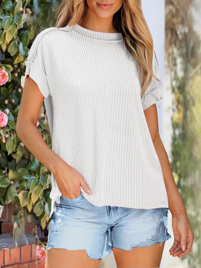 ANRABESS Womens Short Sleeve Crewneck Shirts Ribbed Knit High Low Hem T Shirt 2026 Summer Spring Casual Tops Trendy Clothes - Image 2