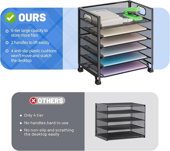 Simple Trending 6-Tier Paper Tray Organizer, File Organizer for Desk, Black | Letter Tray Holder with Handle. Sturdy Metal Frame. Non-slip Feet. Black for Office Home School. 13.35"L x 9.35"W x 15.6"H - Image 4