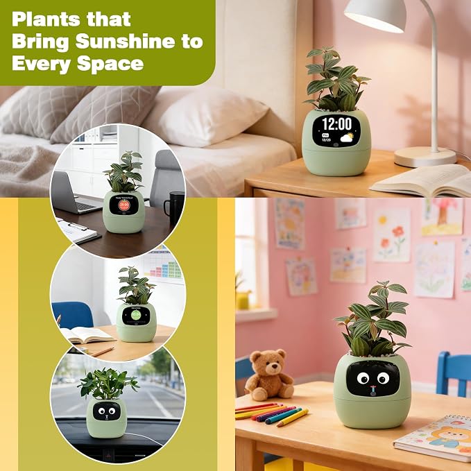Upgraded AI Smart Flower Pot Multi-Emotion Interactive Digital Display Self Watering Planter, Monitor Soil Moisture/Water Level/Light/Battery, Supports 50+ Plants Decor for Desk Home Pet Office(Green) - Image 8