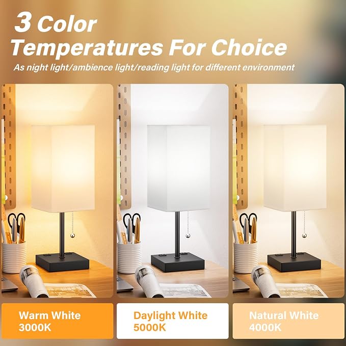 Bedside Lamp for Bedroom - 3 Color Temperatures, USB A+C, 2 AC Outlets | Pull Chain Switch, LED Bulb Included, White Fabric Shade, 17.4" Table Lamp for Nightstand, Desk, Living Room, Office - Image 2