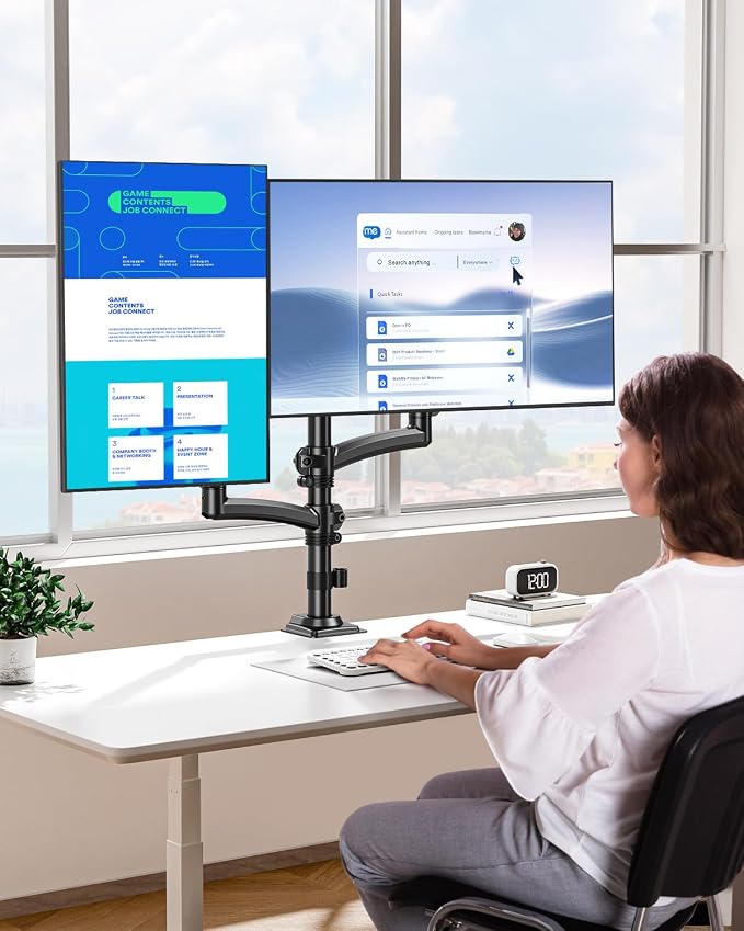 Dual Monitor Stand for Computer Screen up to 32", Holds 22 lbs Each | Taller Monitor Arms Desk Mount, Height Adjustable Gas Spring VESA Mount with C-clamp Grommet Mounting, Black, Freelift - Image 9