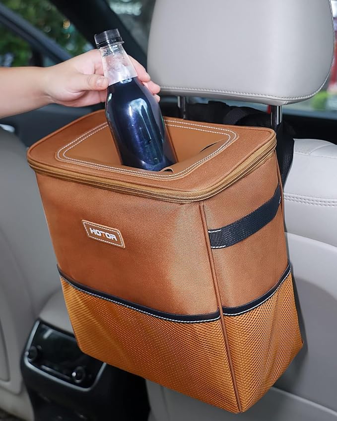 HOTOR 3 Gallons Car Trash Can, Ultra Large Capacity Organizer and Storage with Adjustable Straps & Magnetic Snaps, Waterproof Car Accessory for Interior Car Stuff Storage, Brown - Image 2