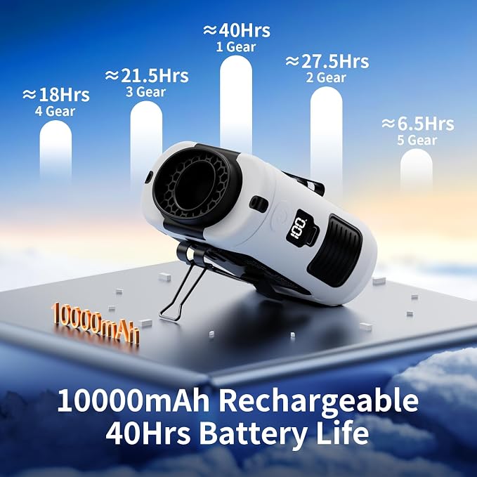 Socool 10000mAh Portable Waist Fan Clip on Wearable Belt Personal Fan Rechargeable Battery Operated With 5 Speeds & Flashlight Neck Hands-Free 40H Cooling For Outdoor Travel Camping Power Bank(White) - Image 4