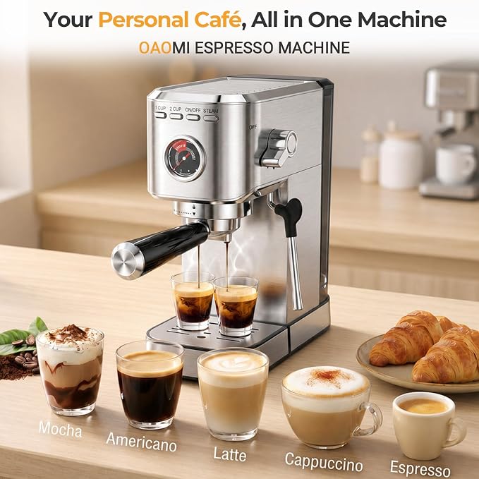 Oaomi Espresso Machine 20 Bar, Compact Expresso Coffee Machines with Milk Frother,Stainless Steel Espresso Maker with 39oz Removable Water Tank for Latte Cappuccino etc (Silver) - Image 2