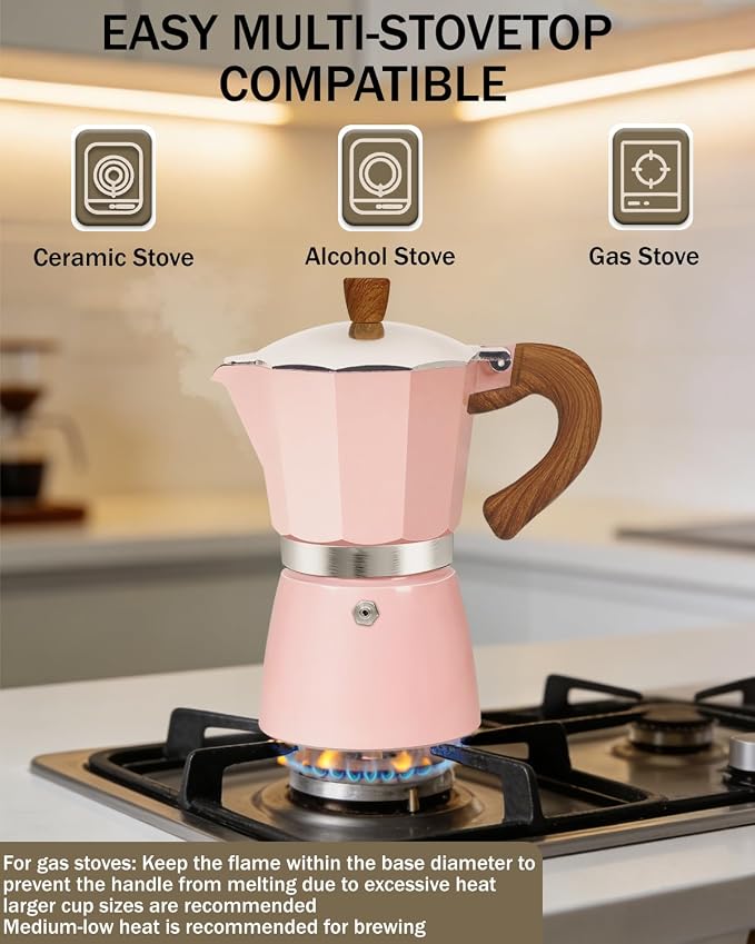 Coffee Maker Stovetop Espresso Maker 12 Cup Aluminum Moka Pot Percolator 20oz 600ml Easy Brewing for Electric Ceramic Stoves Home Camping Italian Cuban Café Classic Pink - Image 5