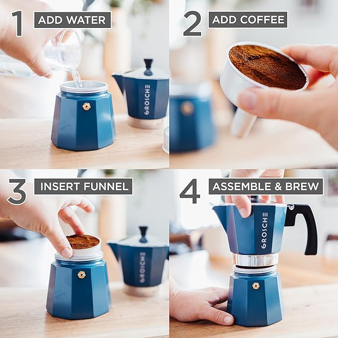 GROSCHE Milano Stovetop Espresso Maker Moka Pot 6 espresso Cup, 9.3 oz Blue | Cuban Coffee Maker And Italian Moka Pot For Stovetop Espresso; For Gas, Electric, And Propane Stoves With A Soft-Touch Handle - Image 6