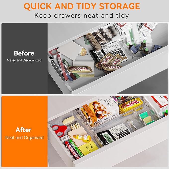 6 Pack Large Clear Plastic Drawer Organizer Trays, Acrylic Kitchen Drawer Organization and Storage Dividers, Non-Slip Storage Bins for Makeup, Kitchen Utensils, Bathroom, Jewelries and Office Desk - Image 5