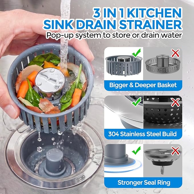 zaa 3 in 1 Kitchen Sink Drain Strainer Stopper Removable Basket Pop-Up | Kitchen Sink Accessories 1 Pack Silver Stainless - Food Catcher, Odor-Blocking Seal, Fits 3.5" Drain, Easy Clean - Image 2