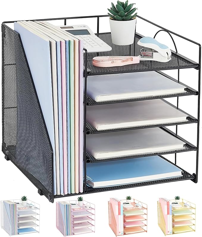 LEKETREE Desk Organizers and Accessories, 5-Tier Paper Letter Tray Organizer with File Holder, Desktop Organizer for Office Supplies (Black) by Stylishworkspaceeffortlessorganization