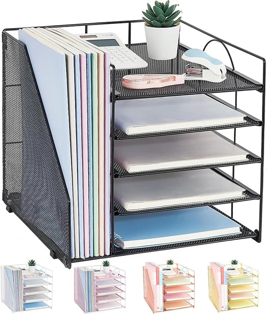 LEKETREE Desk Organizers and Accessories, 5-Tier Paper Letter Tray Organizer with File Holder, Desktop Organizer for Office Supplies (Black) by Stylishworkspaceeffortlessorganization