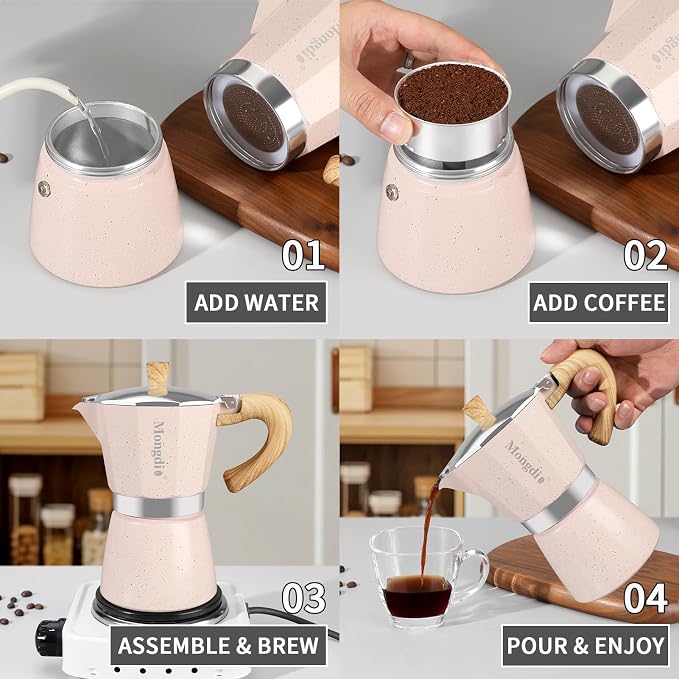 Mongdio Stovetop Espresso Maker Moka Pot, Cuban Coffee Maker Stove top coffee maker Moka Italian Espresso Greca Coffee Maker Brewer Percolator, 12 Espresso Cups, 20 oz - Pink - Image 4