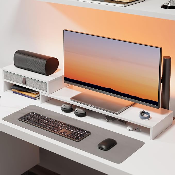 Fenge Computer Monitor Riser Stand with Drawer for 2 or 3 Monitors ,Adjustable Length and Angle Desktop Laptop Stand,Office Organizer,Printer,White - Image 6