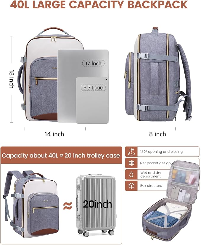 LOVEVOOK 40L Travel Backpack for Women & Men, Airline Approved Carry On Luggage with 3 Packing Cubes, TSA Overnight Bags, Waterproof Personal Item Bag, Weekender Essentials Backpacks fits 17" Laptop - Image 4