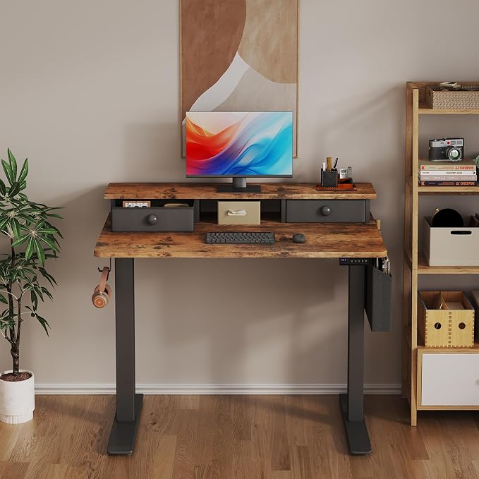 Electric Standing Desk Adjustable Height - 40 Inch Sit Stand Desk with Storage Drawers , Small Standing Desks with Shelf Monitor Stand, Kids Girls Computer Desks for Bedroom Home Office, Rustic Brown - Image 2