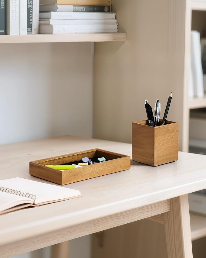HULISEN Wooden Desk Organizer Tray, Pencil Holder with Felt Lining | Non-Slip Desk Tray Set, Pen Storage Compartment, Space-Saving Design, Desktop Accessory for Room Office & Workspace - Image 5