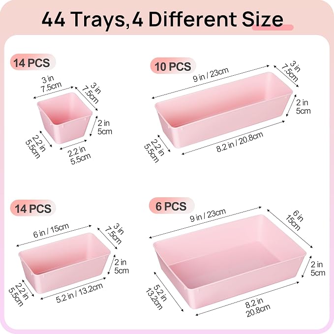 Vtopmart 44 PCS Plastic Drawer Organizers Set, Vanity Organizer Trays, Pink | 4-Size Versatile Makeup Organizer, Non-Slip Storage Containers for Makeup, Jewelries, Bedroom，Kitchen Utensils and Office - Image 2