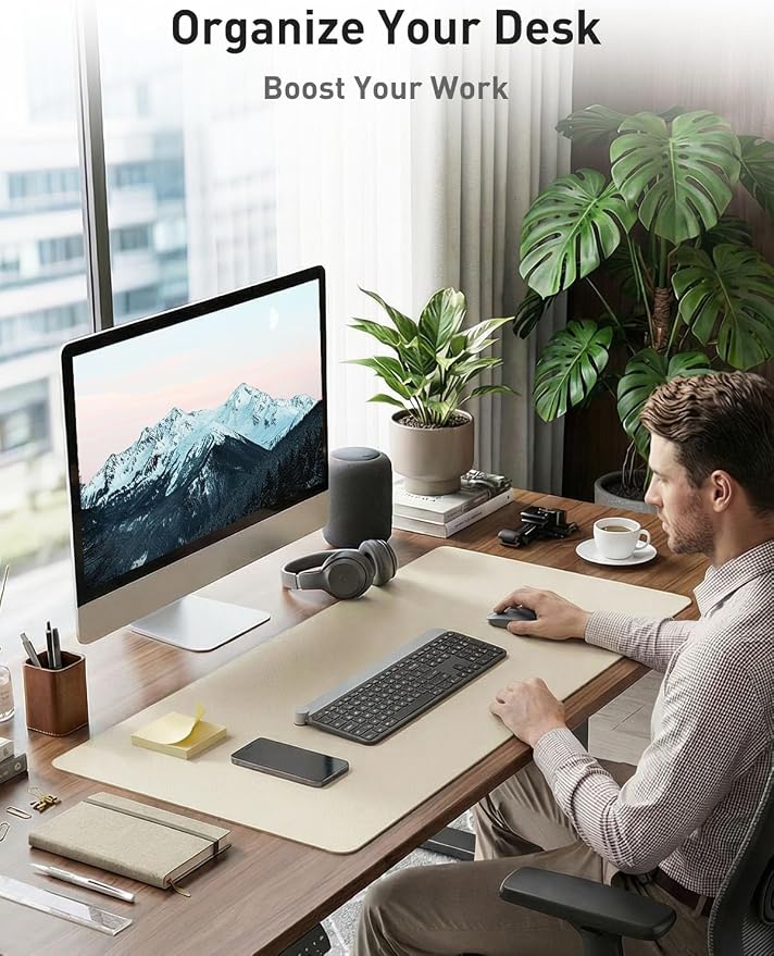 Aothia Faux Leather Desk Mat - Non-Slip PU Leather Desk Blotter, Waterproof Writing Surface, Large Desk Pad for Office & Home (Beige, 55" x 17") - Image 3
