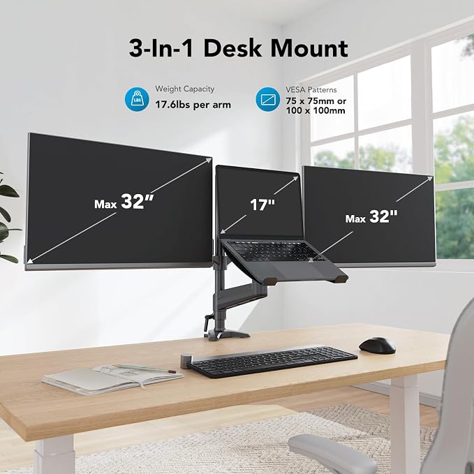 HUANUO Dual Monitor and Laptop Mount for Max 32” Monitor and 17” Laptop, Adjustable Arm with Tilt, Swivel and Rotation, Dual Monitor and Notebook Stand with VESA Bracket 75/100 mm - Image 2