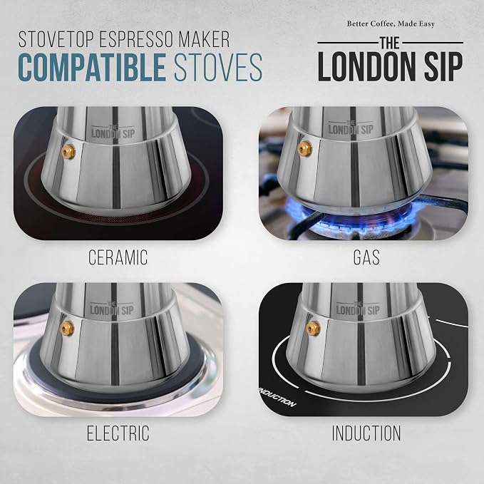 London Sip Stainless Steel Stovetop Espresso Maker Moka Pot Italian Coffee Percolator, Silver, 3 Espresso Cups - Image 6