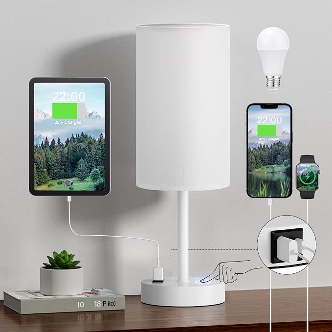 Fenmzee White Nightstand Bedroom Lamp - 3 Way Dimmable Bedside Lamp USB C A Charging Ports and AC Outlet, Small Table Lamp Linen Lampshade for Office Desk - Image 8