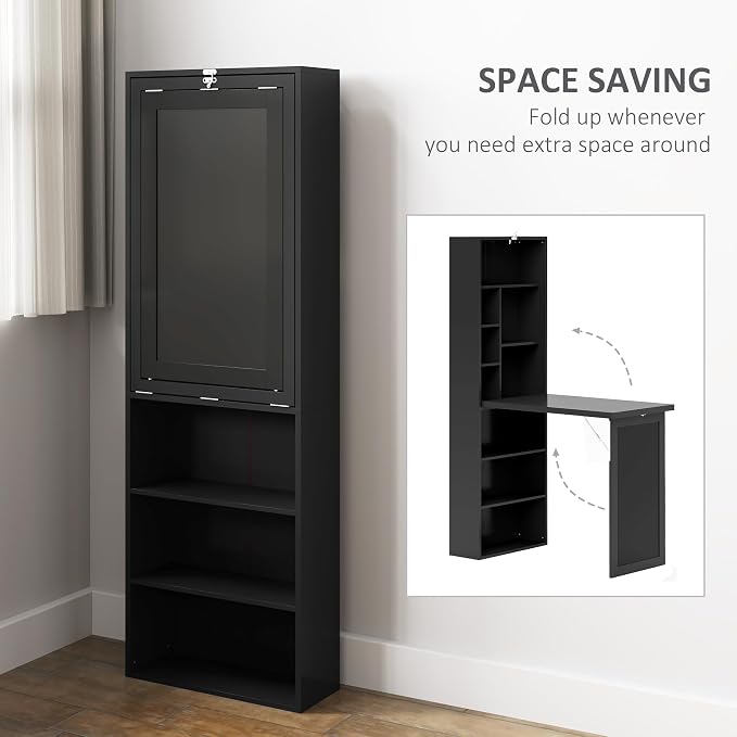 HOMCOM Foldable Convertible Writing Table, Wall Mounted Space-Saving Computer Desk with Chalkboard and Storage Shelves for Small Spaces, Home Office, Bedroom, Dorm, Apartment, Black - Image 4
