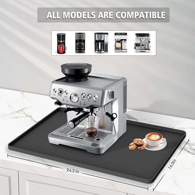 Silicone Coffee Mat 24"x16", Single Piece Anti-Vibration Under Coffee Maker Mat, Non-Slip Espresso Machine Mat with 10mm Raised Edge, Noise Reduction Countertop Protector, Fits Breville Ninja Keurig - Image 3