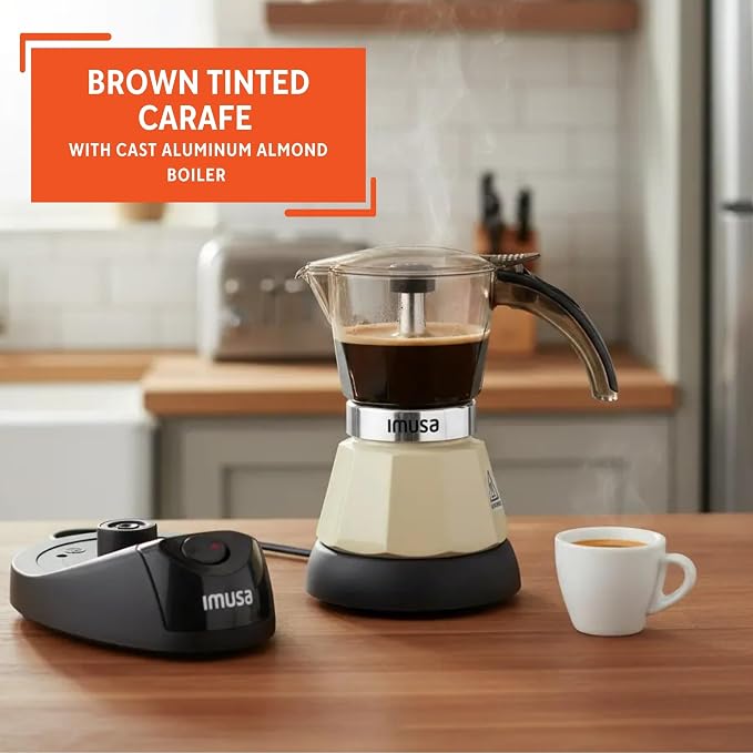IMUSA 3 or 2 Cup Electric Espresso Maker with Cool-touch Handle, Almond | Bare Aluminum Finish, Keep Warm Function and Detachable Base, Ideal for Cuban and Italian Drinks, Perfect for Home Baristas - Image 3