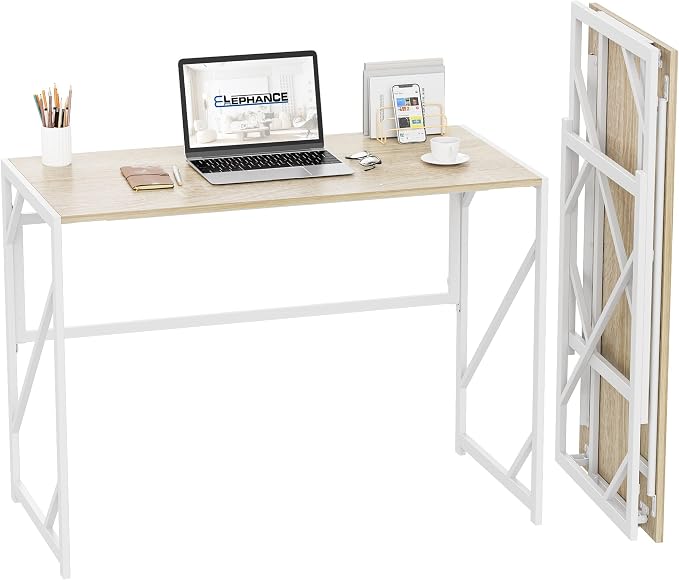 Elephance Folding Desk Writing Computer Desk for Home Office No-Assembly | Study Office Desk,Foldable Table for Small Spaces,39.4 Inch,Beige by Elephance