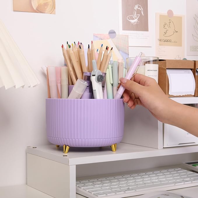 SKYDUE 360 Rotating Purple Pen & Art Supply Organizer - 5 Slot Desk Organizer for Office, School, Home - Image 2