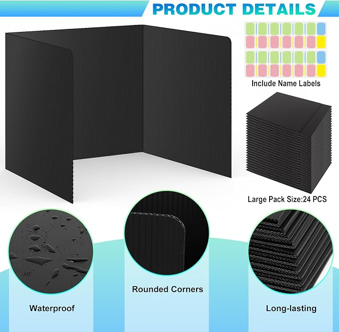 24Pack Black Desk Dividers for Student, Privacy Folders for Classroom Students, Foldable Study Carrels Teacher Supplies, Easy-Clean Testing Dividers with Lables for Exam, Library Focus & Photo Shoot - Image 3
