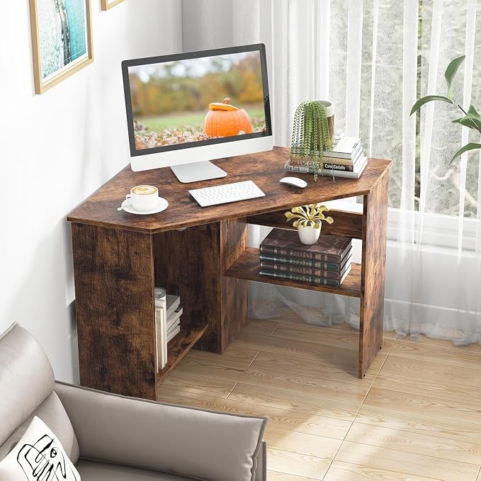 GOFLAME Corner Desk with Storage Shelves, Triangular Computer Desk with Cable Management Holes, Laptop Workstation for Small Space, Makeup Vanity Desk for Living Room, Study, Rustic Brown - Image 2
