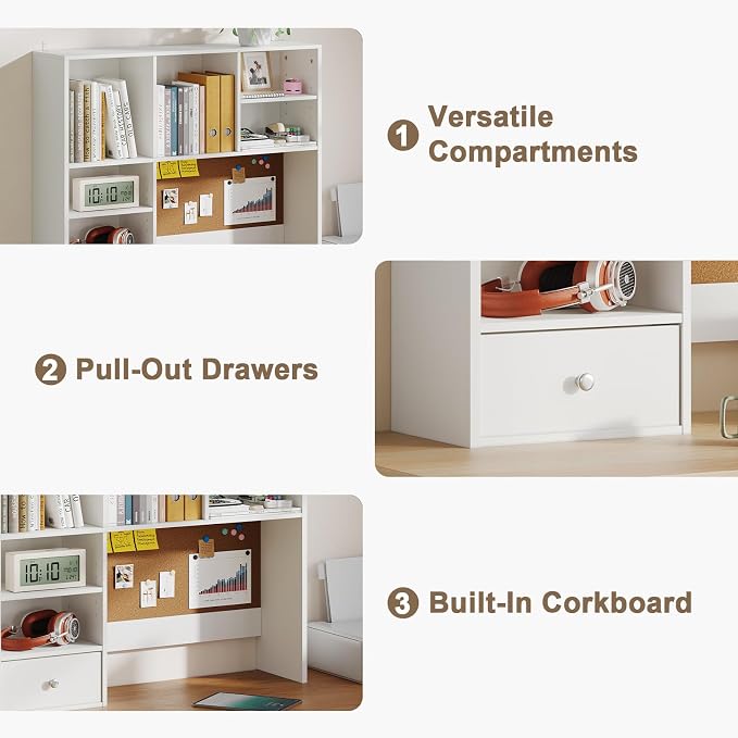 Desk Hutch Dorm with Cork Board, Shelves and Drawer | Desktop Bookshelf for College Dorm, Student Bedroom, White - Image 5