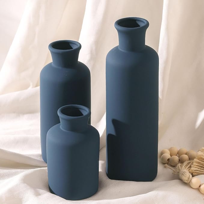 Ceramic Vase Set of 3, Neutral Modern Vases Home Decor Boho Vase Farmhouse Decor Flowers Pampas Vases for Table Mantel Entryway Shelf Living Room Kitchen Bathroom - Navy Blue - Image 3