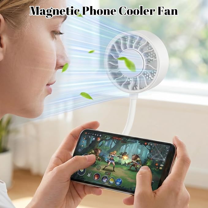 Magnetic Phone Fan, Small Portable Fan & Phone Stand with 360° Flexible Gooseneck, 3 Speeds, Wide Airflow, Rechargeable, Pocket Size for Women, Travel, Beach, Summer Cooling, Makeup Use, White - Image 2