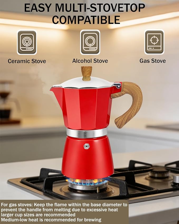 Coffee Maker Stovetop Espresso Maker 12 Cup Aluminum Moka Pot Percolator 20oz 600ml Easy Brewing for Electric Ceramic Stoves Home Camping Italian Cuban Café Classic Red - Image 5