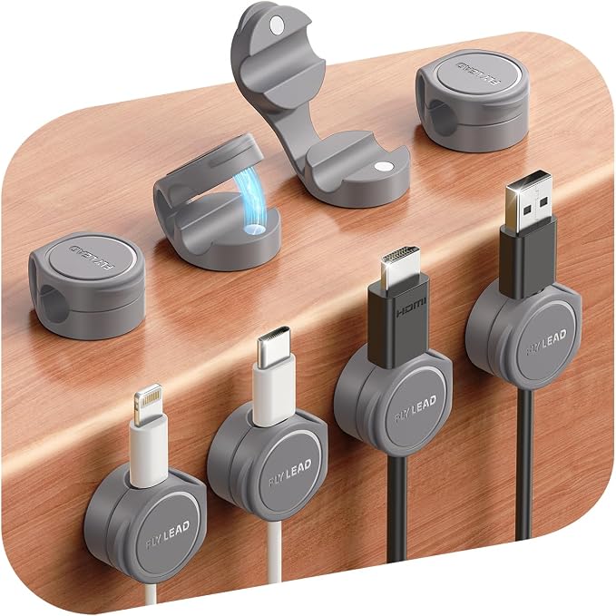 FLYLEAD 8-Pack Silicone Cord Organizer Magnetic Cable Clips, Adhesive | Resilient Yet Soft Rubber Cord Management Holder for Home Office Desk Accessories, Nightstand Phone Charger Wire Organization by Sincerityisworththewait