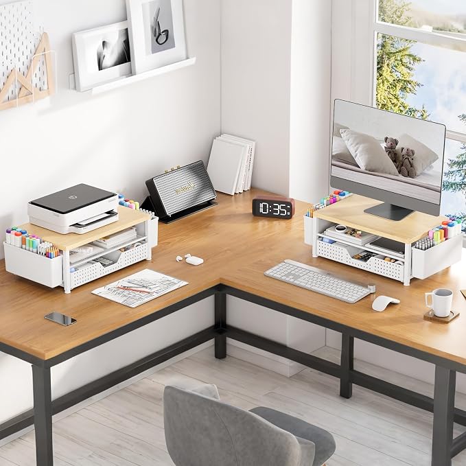 Wood Metal Monitor Stand Riser, Laptop Stand for Desk, Office Desk Organizer and Accessories, Computer Desktop Shelf with Drawer and Pen Holder, Printer Stand for Home, Office, Dorm (Natural Wood) - Image 4