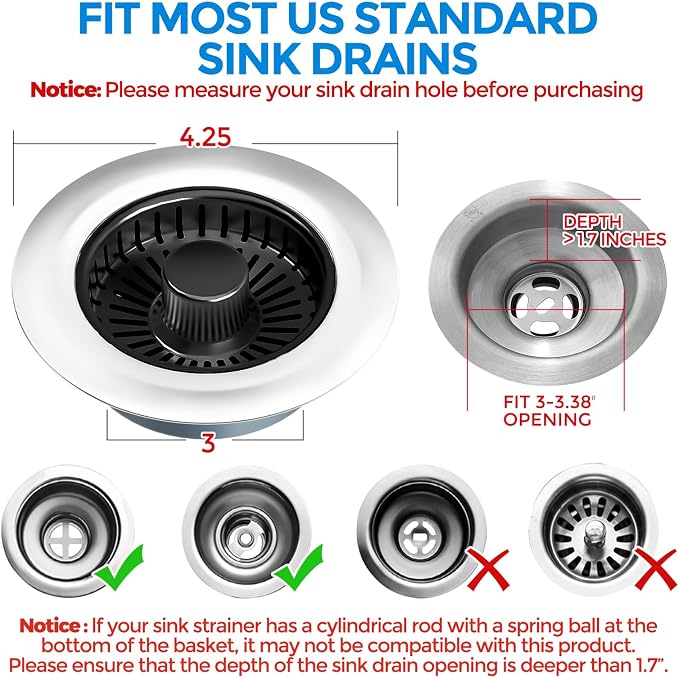 3 in 1 Kitchen Sink Drain Strainer Stopper Removable Basket Pop-Up | Kitchen Sink Accessories 1 Pack Brushed Black Stainless - Food Catcher, Odor-Blocking Seal, Fits 3.5" Drain - Image 4