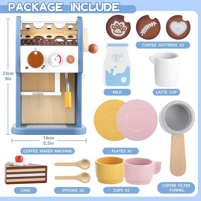 GAGAKU Wooden Coffee Machine Toy with Grinder，15 pcs Wood Play Kitchen Accessories for Kids Non-Toxic Pretend Play Barista Set Learning Gift for Toddlers Girls Boys Ages 3+ - Image 5