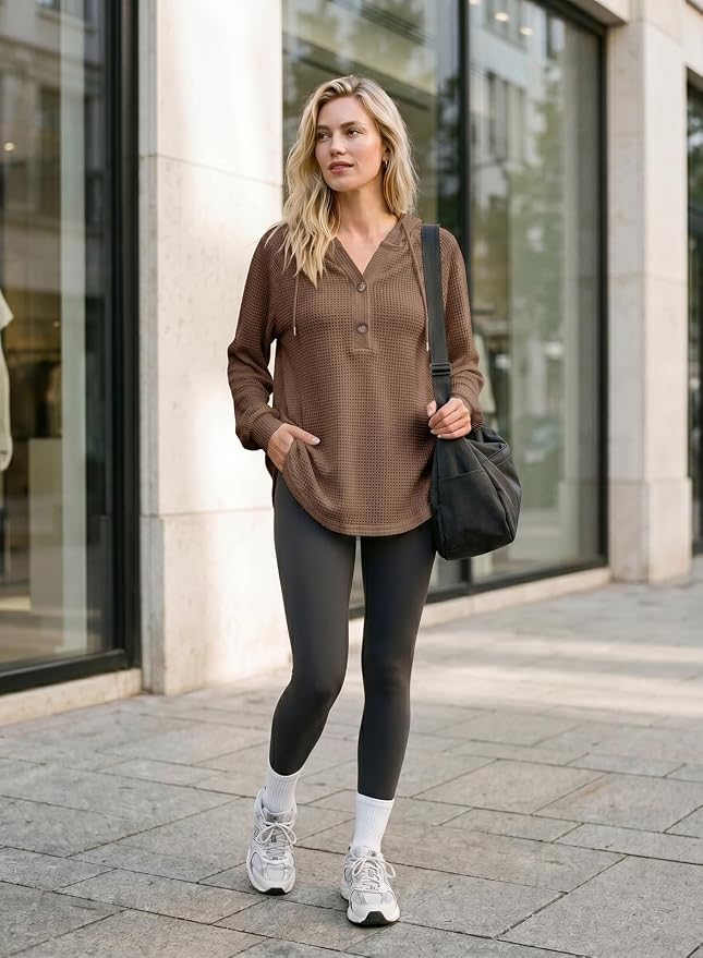 Dokotoo Hoodies for Women Waffle Knit Long Sleeve Drawstring Button V Neck Casual Sweatshirt Hooded Tops Fashion Clothing - Image 4