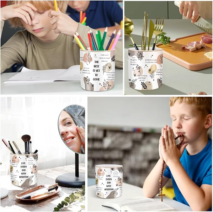 Cute Desk Pencils Pen Holder, Pencil Cup Holder for Desk, Ceramic Desktop Storage Pen Pencil Organizers Stationery Supplies for Office, Home, Words Pattern - Image 7